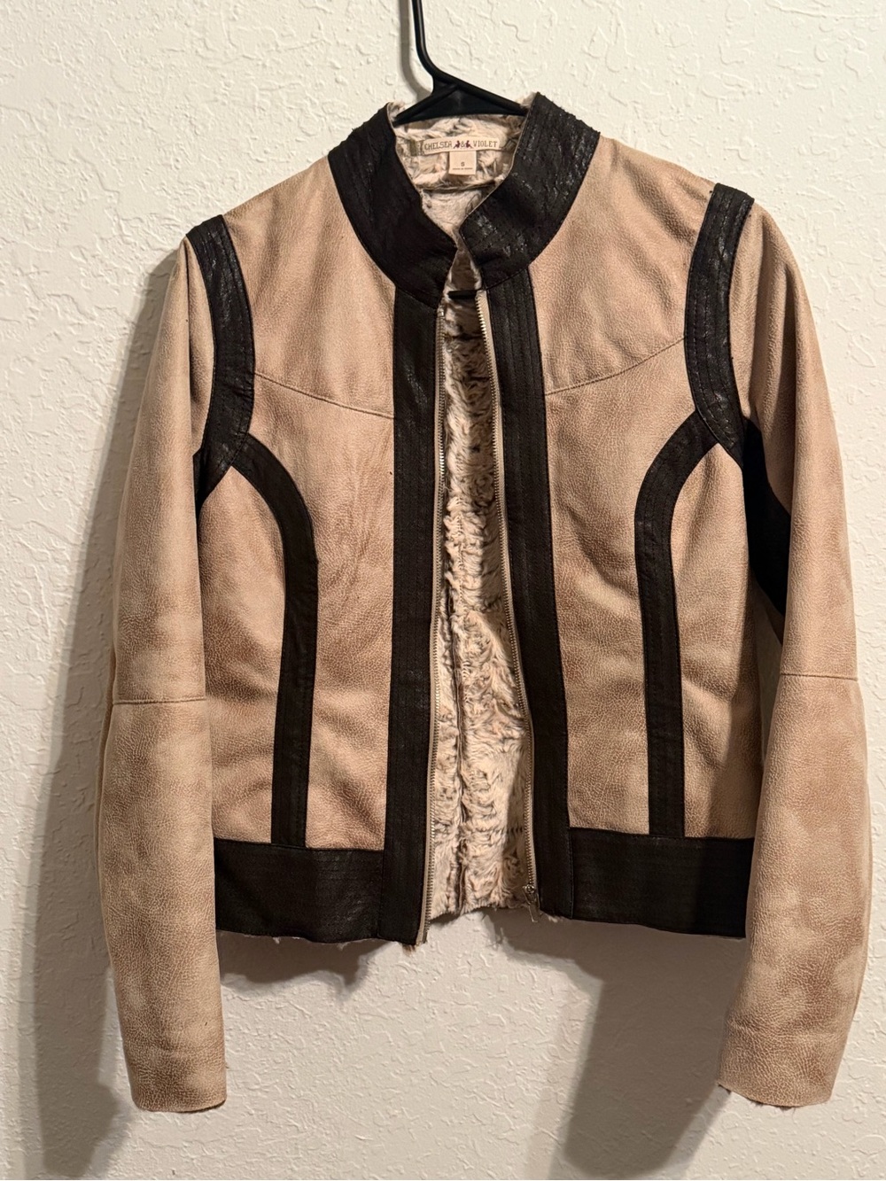 Chelsea & Violet Two-Tone Beige and Black Leather Jacket
